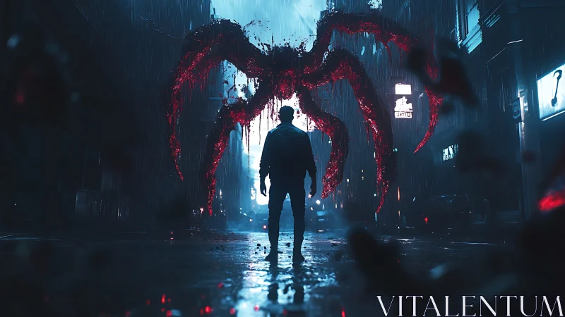 Nocturnal alley confrontation with luminescent void arachnid.