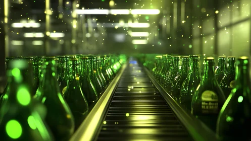 Green glass bottles on factory conveyor belt, industrial lighting.