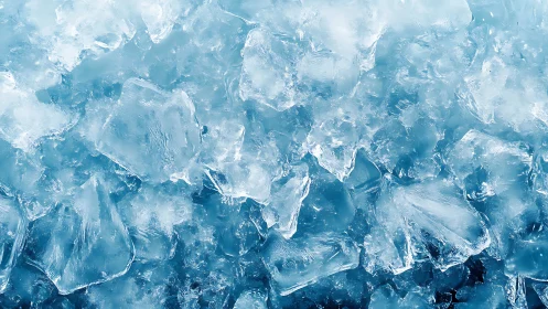 Close-up view of irregular blue ice cubes in bulk.