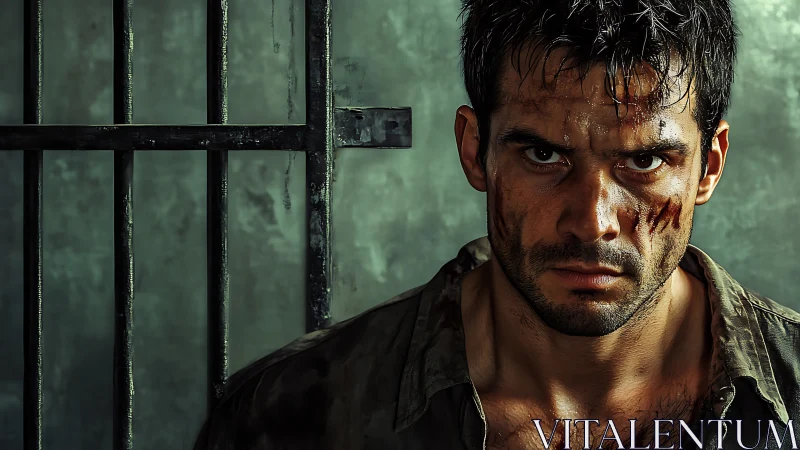 Photorealistic portrait of scarred prisoner in harsh side light.