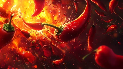 Incandescent Chili Peppers Immersed in Luminous Liquid Dynamics.
