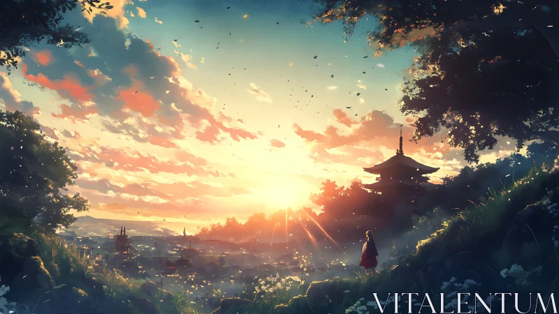 Sunset illuminates valley town and distant pagoda plainly