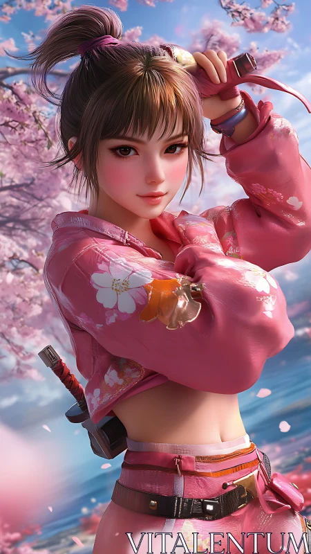 Pink kimono swordswoman under cherry blossoms by the sea.