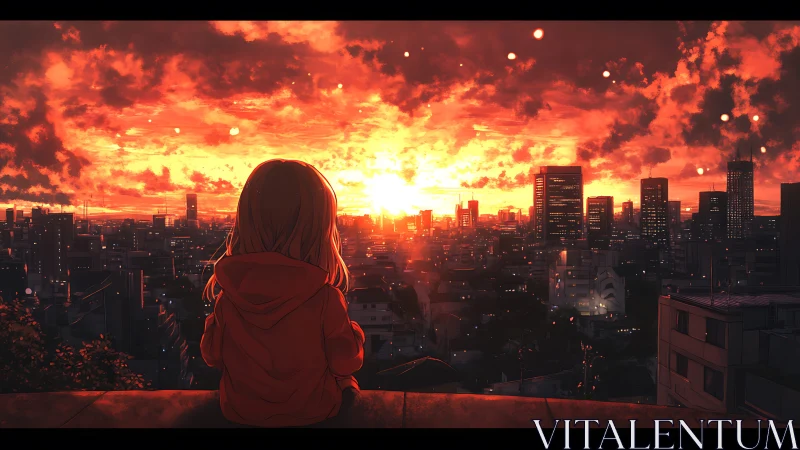 Solitary girl watching fiery anime sunset over cityscape.