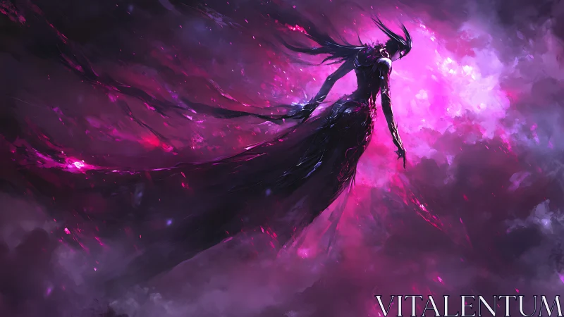 Midnight sorceress drifting through glowing cosmic storm.