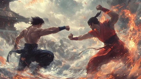 Elemental duel of martial artists in dynamic digital inferno.