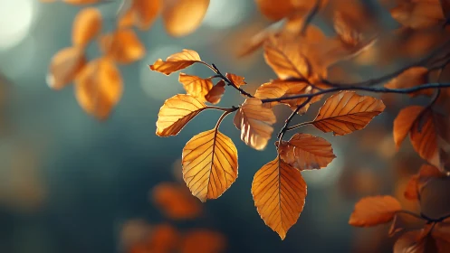 Close-up of autumn leaves on a branch, soft bokeh background.