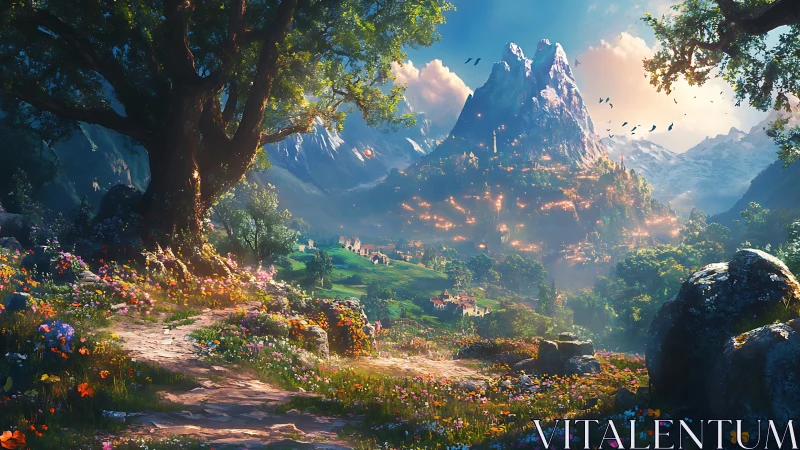 Sunlit fantasy valley with glowing mountain citadel at dusk.