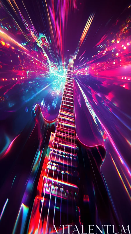 Neon electric guitar in hyperspeed light burst perspective.