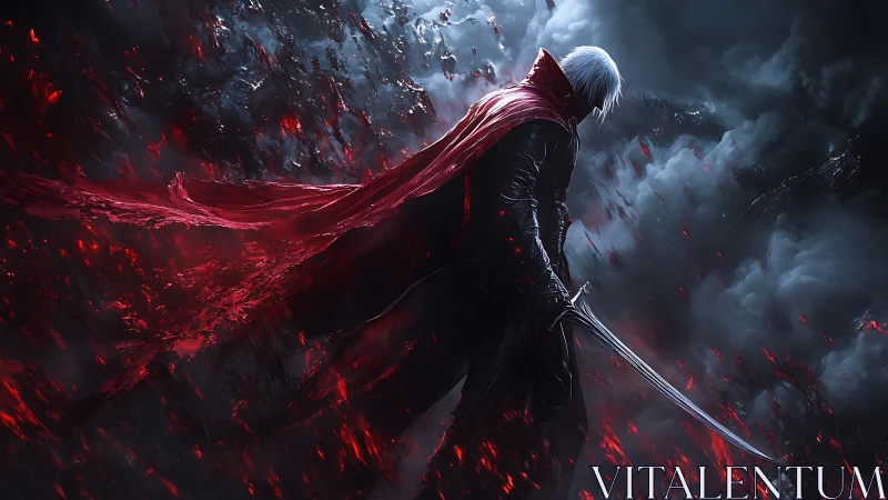 Volcanic storm swordsman in high-contrast digital chiaroscuro.