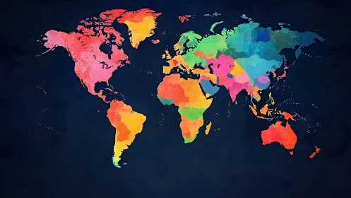 Vibrant watercolor-style political world map on dark ground