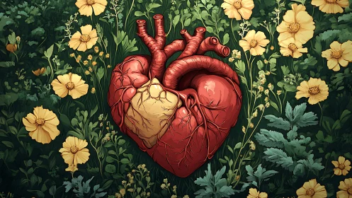 Anatomical Heart on Floral Garden Background.