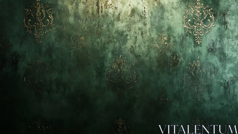 Ornate emerald wall texture shows aged gilded damask pattern