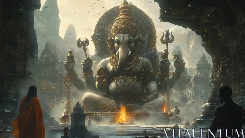 Colossal seated deity statue in cavernous stone complex.