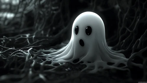 Cute glowing ghost rests amid dark tangled roots at night.