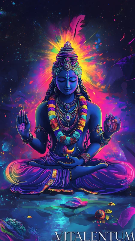Cosmic blue deity meditates amid radiant neon aura.