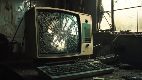 Forgotten vintage computer with a shattered glowing screen.