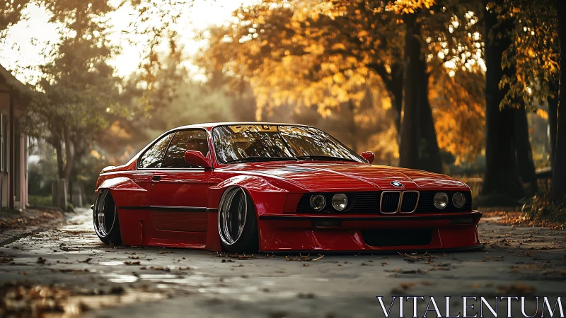 Crimson classic cruiser resting low under golden autumn light.