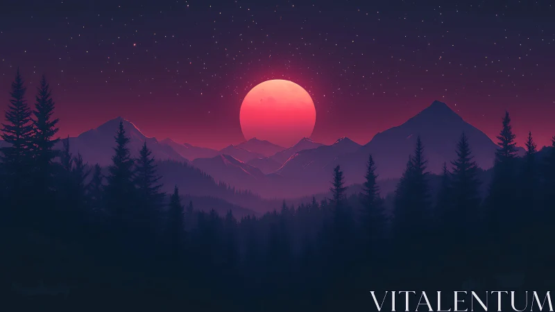 Velvet twilight moonrise bathes calm mountains in rosy light