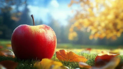 Sunlit dew-covered red apple rendered with shallow depth of field