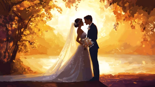 Silhouetted wedding couple by lake at golden sunset.