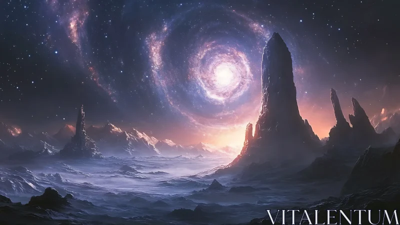 Spiral galaxy crowns frozen alien spire landscape at dusk.
