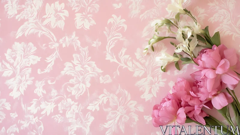 Pink Peonies and White Blooms on Damask Wallpaper.