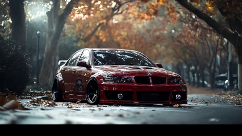 Red modified sedan sits low on a leaf-covered autumn street