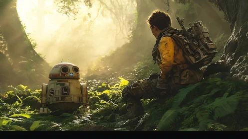 Human explorer and small robot resting in sunlit jungle.