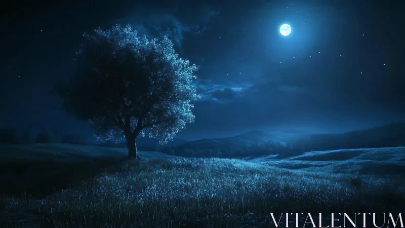 Solitary tree under bright full moon in blue night field.