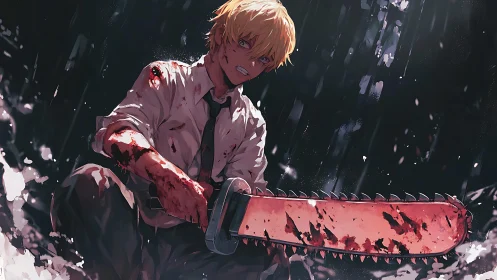 Bloodied anime boy grips chainsaw in dark rain scene.