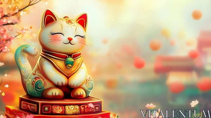 Gilded Maneki-neko Fortune Cat Radiates Prosperity Amid Luminous Floral Setting.