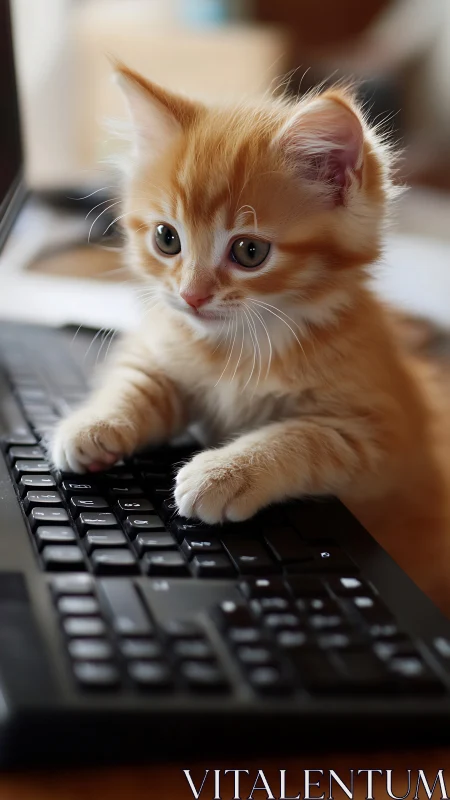 Curious Ginger Kitten Discovers Computer Keyboard