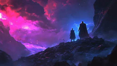 Two cloaked figures stand on rocky terrain under neon clouds