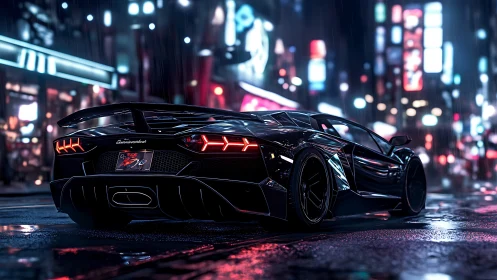 Wet neon boulevard supercar with angular aero detailing.