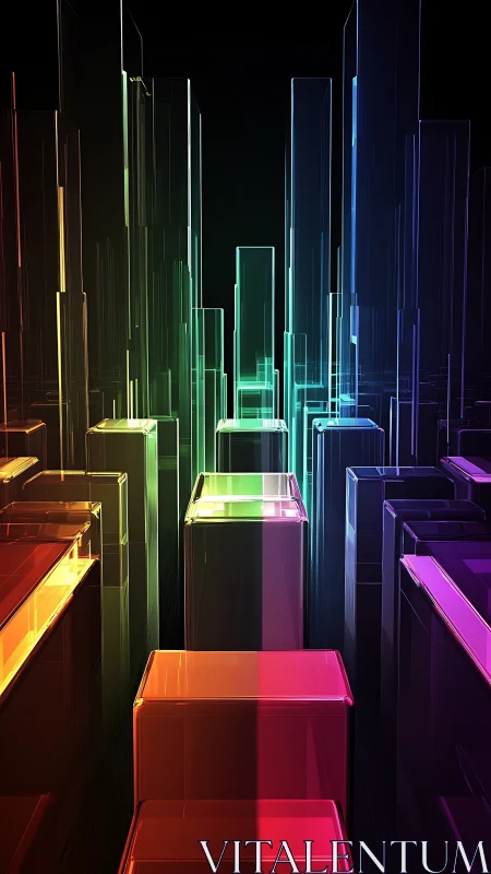 Luminous glass towers rise in a neon rainbow cityscape