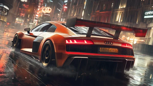 Orange Audi race car powers through neon city rain