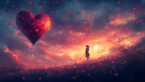 A Glowing Heart Balloon Floats Over a Dreamy Sunset Sky