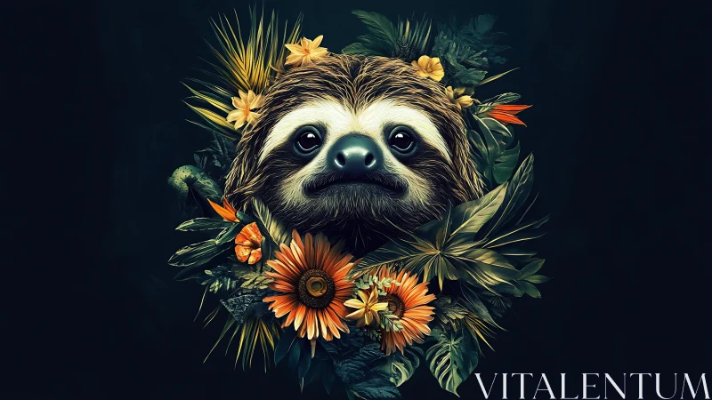 Sloth portrait with hyper-detailed tropical floral wreath compositing.