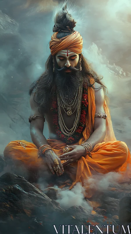 Robe-clad bearded figure in seated pose amid rising mist.