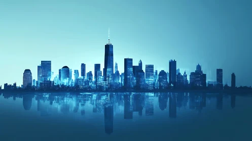 Blue monochrome city skyline with mirrored water reflection.