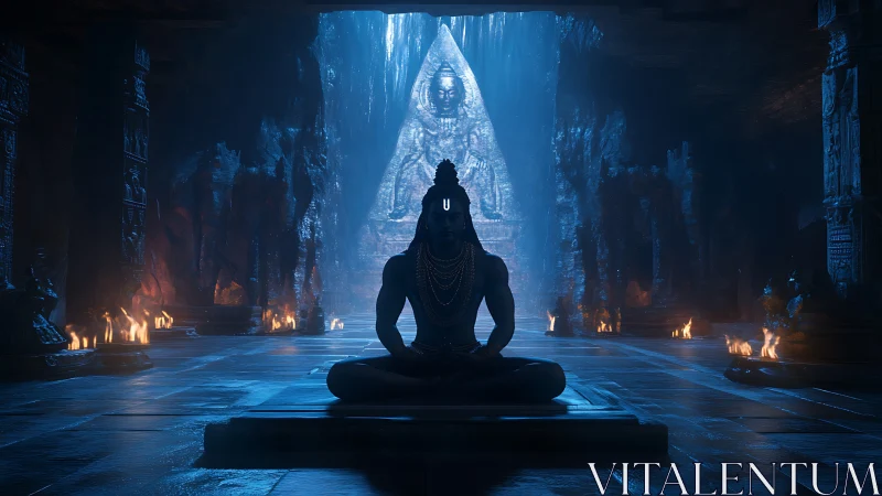 Meditating ascetic sits before colossal cave deity relief