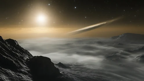 Distant ringed planet glows softly above a misty alien valley