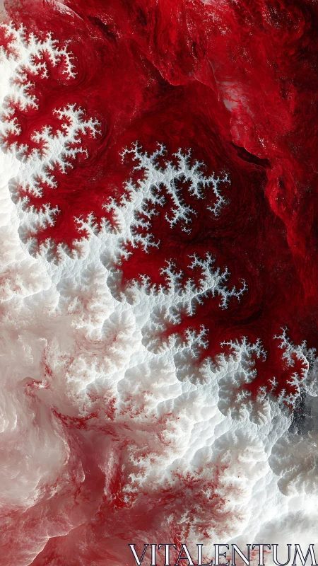 Fractal crimson tides surge through icy white abstract terrain