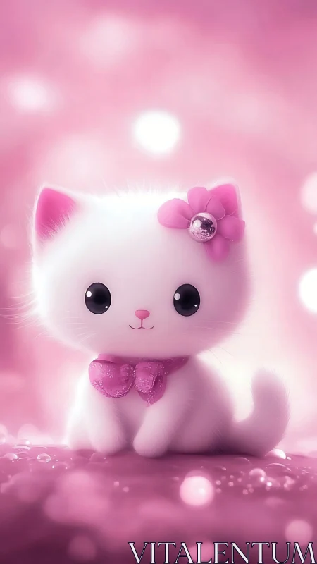 White cartoon cat character with pink bow and flower accessory in dreamlike environment