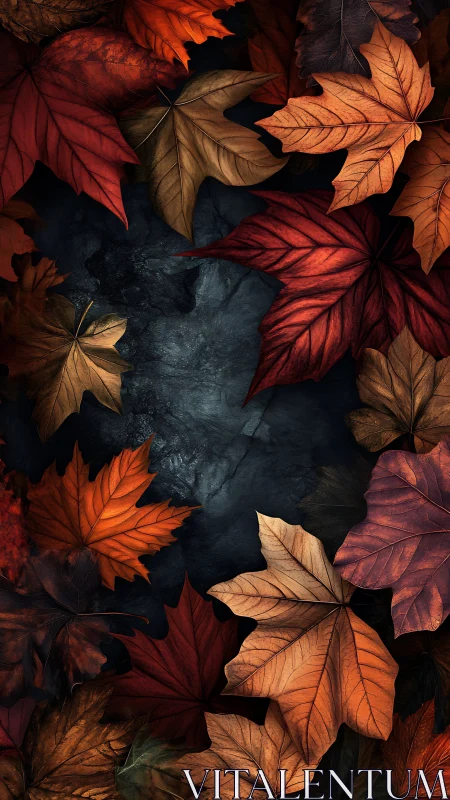 Autumn maple leaves framing dark textured stone background.