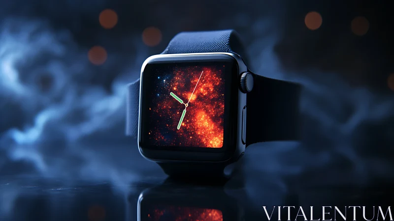 Smartwatch display shows nebula-style analog clock face