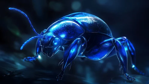 Bioluminescent cobalt beetle macro in cinematic blue light.