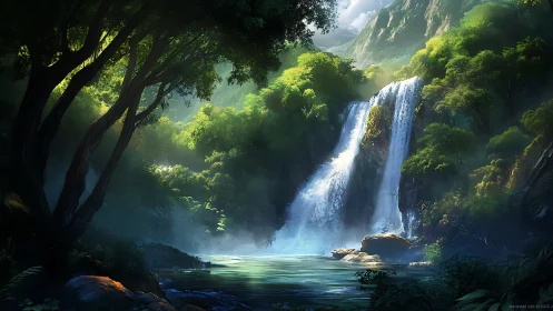 Sunlit jungle waterfall cascades into misty forest pool