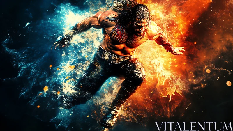 Dynamic athlete bursts through dual fire and water shockwave field